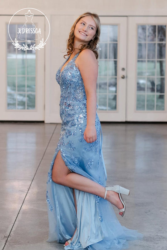 Blue Halter Mermaid Sequin Lace Long Prom Dress with Slit, PD25821