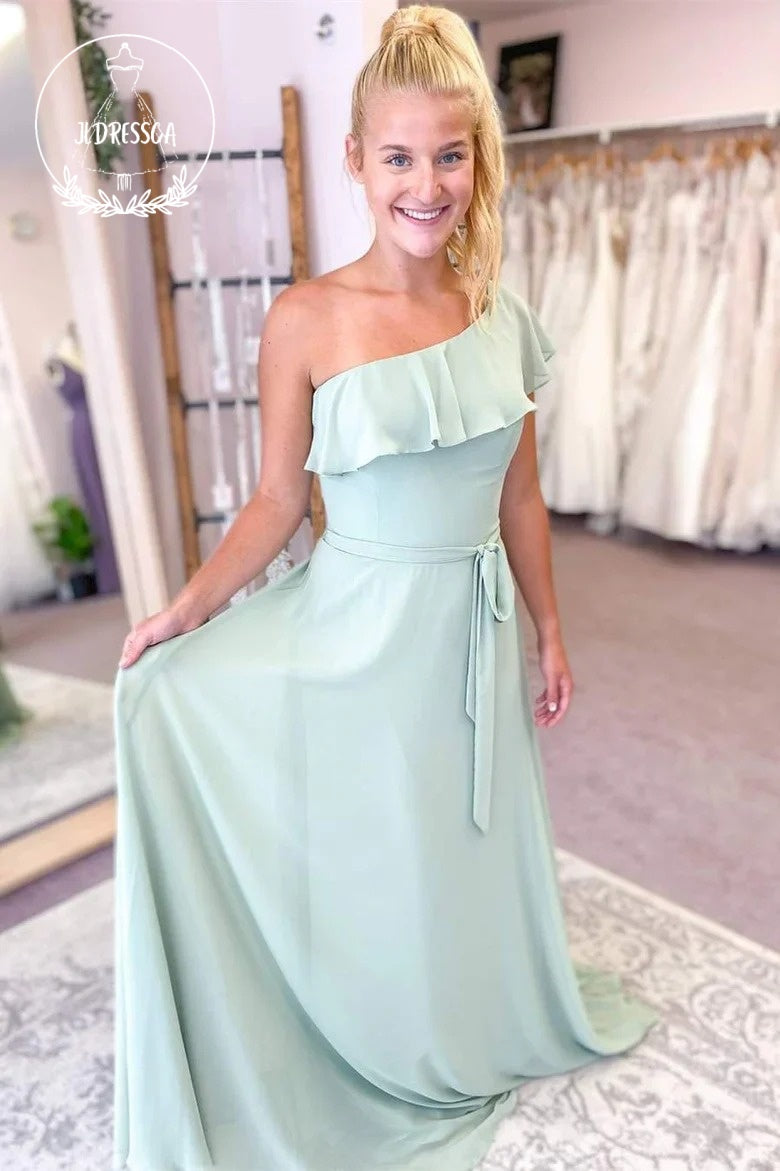 Mint Chic A Line One Shoulder Chiffon Long Bridesmaid Dresses, BD25031 JLDressCA Mint Chic A Line One Shoulder Chiffon Long Bridesmaid Dresses, BD25031 JLDressCA