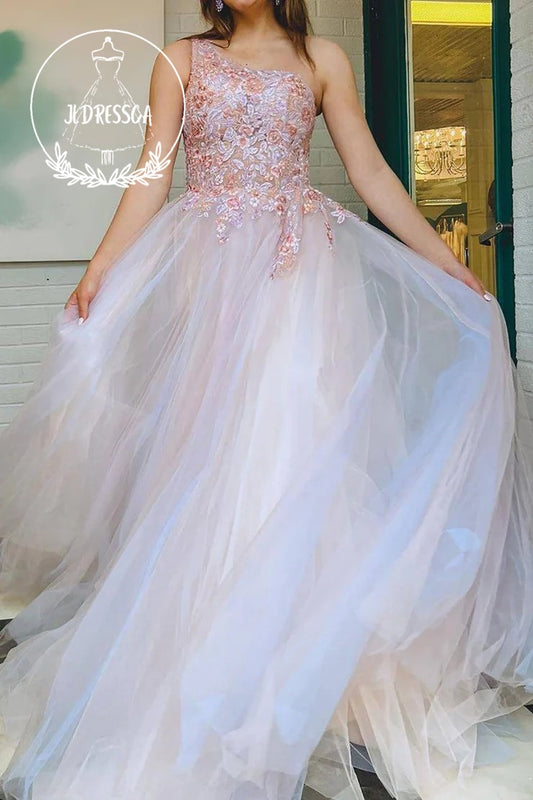 Gorgeous Grey Pink One Shoulder A Line Long Prom Dress with Appliques, PD25921