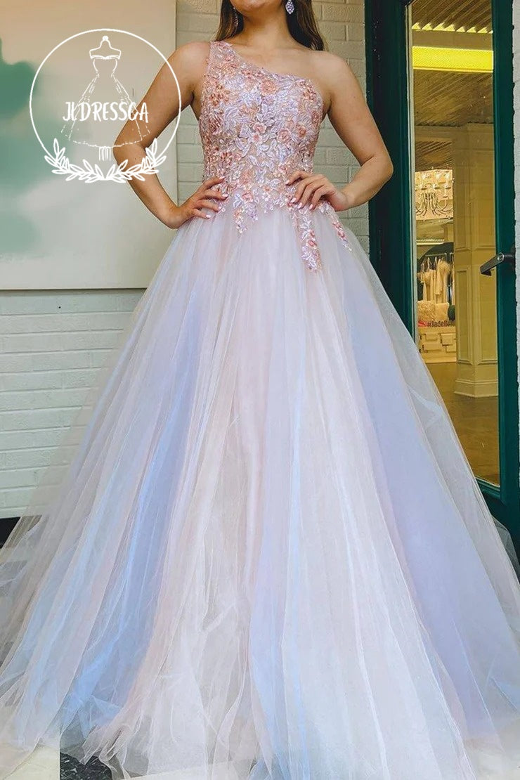 Gorgeous Grey Pink One Shoulder A Line Long Prom Dress with Appliques, JLDressCA Gorgeous Grey Pink One Shoulder A Line Long Prom Dress with Appliques, JLDressCA