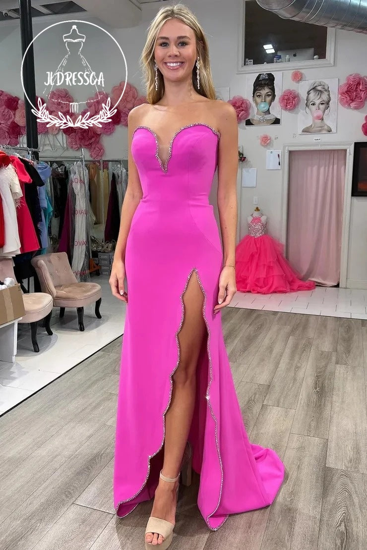 Fuchsia Long Strapless Beaded Mermaid Formal Dress with Slit, PD25951 JLDressCA Fuchsia Long Strapless Beaded Mermaid Formal Dress with Slit, PD25951 JLDressCA