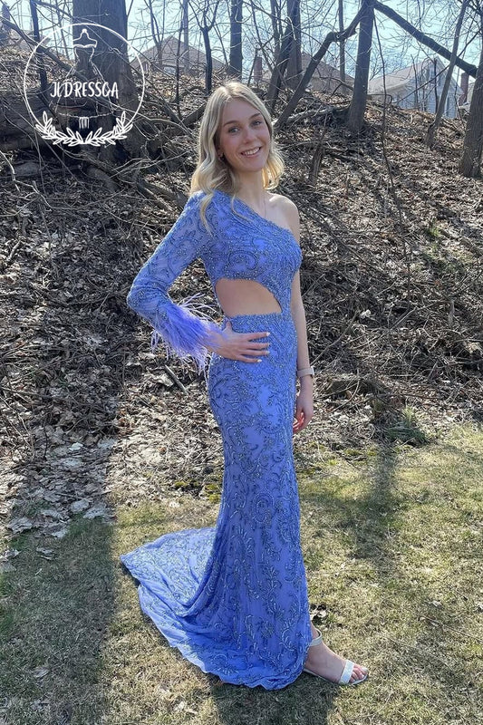 Lavender One Shoulder Long Sleeve Mermaid Sequins Long Prom Dress with Slit, PD25841