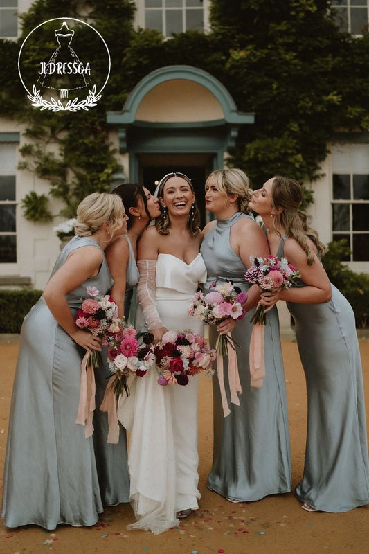 Dusty Grey Blue Sheath Halter Elegant Long Bridesmaid Dresses, BD25051