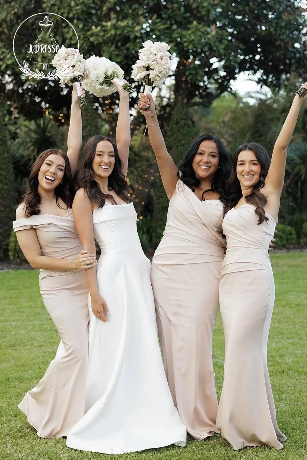 Blush Elegant Mermaid Off-the-Shoulder Elastic Satin Long Bridesmaid D –  JLDressCA