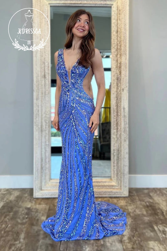 Blue Mermaid Deep V Neck Sequins Long Prom Dress, PD25882