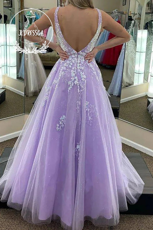 Gorgeous Long A Line Purple Prom Dress with Deep V Neck and Appliques, PD25932