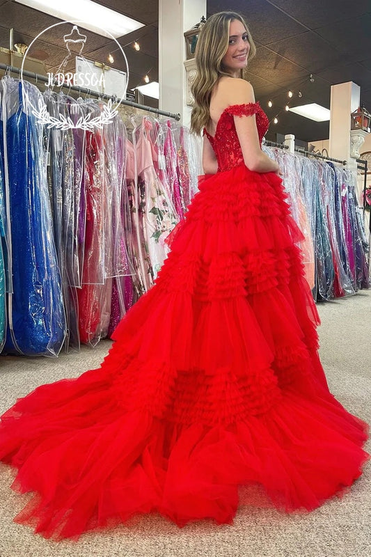 Red Off - the - Shoulder Tulle Ruffle Tiered Long Prom Dress, PD25912