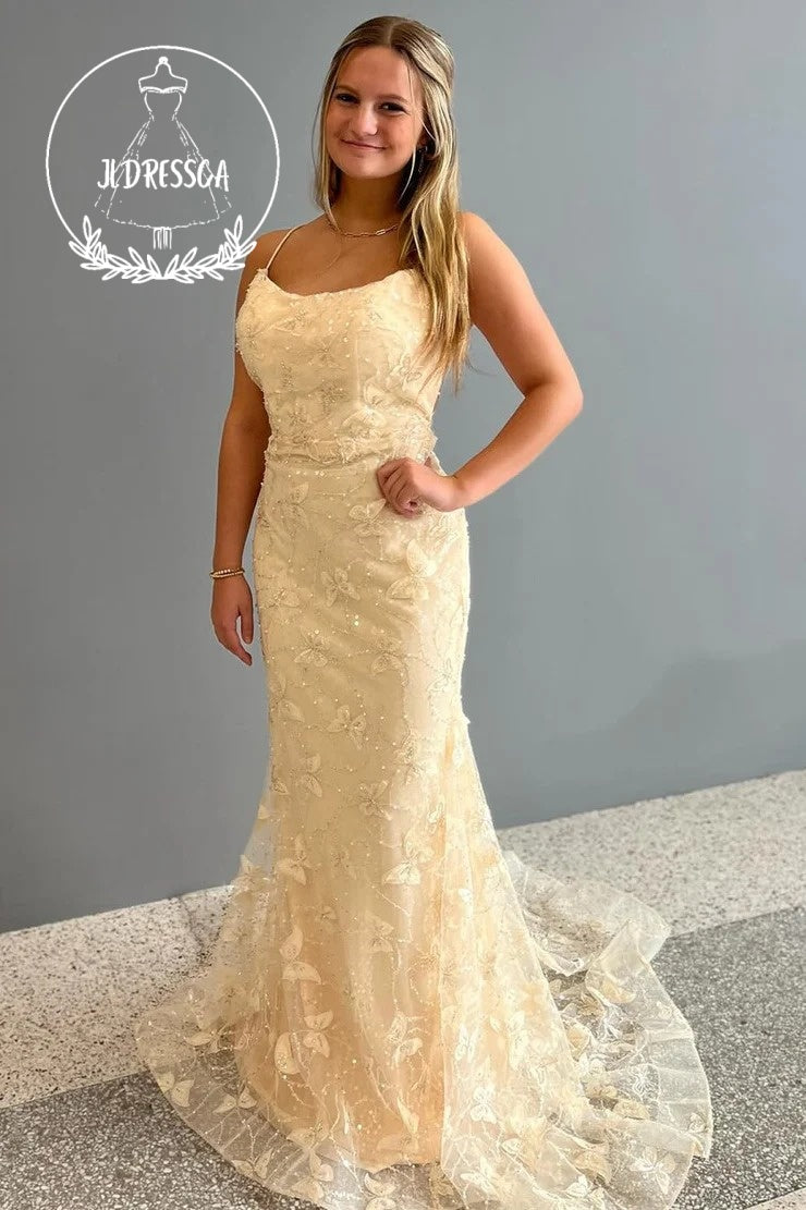 Yellow Long Mermaid Prom Dress with Scoop Neck and Butterfly Appliques JLDressCA Yellow Long Mermaid Prom Dress with Scoop Neck and Butterfly Appliques JLDressCA