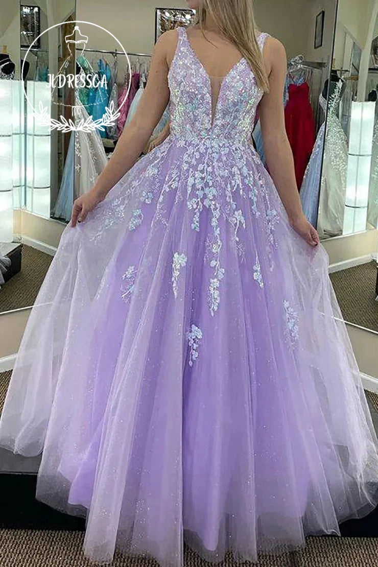 strapless open back dress Lilac Mermaid Straps Prom Dresses with Appliques, PL596