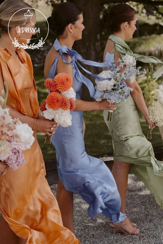 Silk Satin Sheath Boat Neck Romantic Long Bridesmaid Dresses, BD25052