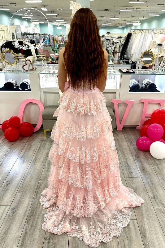 Pink Sweetheart A-Line Sequin Lace Ruffle Tiered Long Prom Dress with Bowknot, PD25823