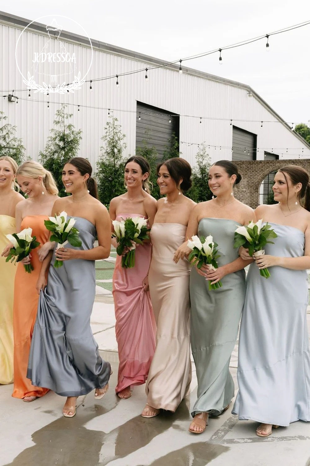 Colorful Sheath Strapless Romantic Silk Satin Long Bridesmaid Dresses, Colorful Sheath Strapless Romantic Silk Satin Long Bridesmaid Dresses,