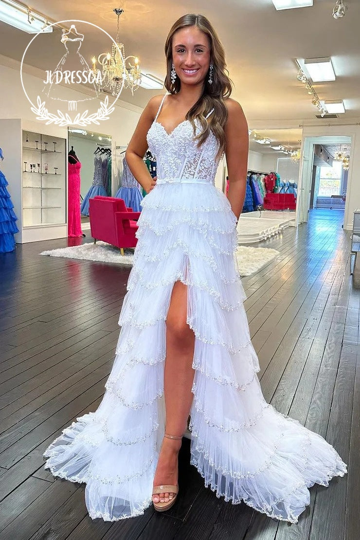 White Long Tiered Tulle Prom Dresses with Sweetheart Neckline and Appl JLDressCA White Long Tiered Tulle Prom Dresses with Sweetheart Neckline and Appl JLDressCA