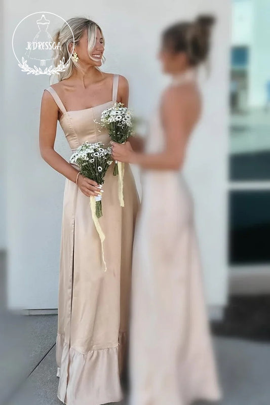 Satin Sheath Straps Fashion Tea Length Bridesmaid Dresses with Slit, BD25034