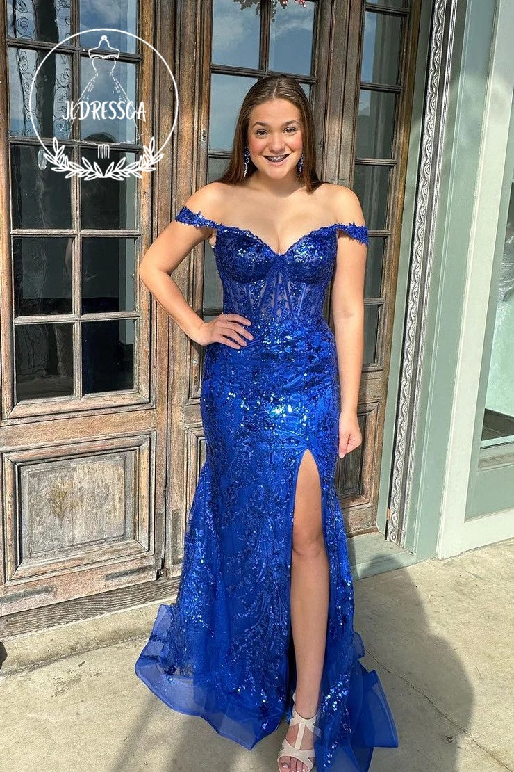 Royal Blue Long Off the Shoulder Sequin Lace Prom Dresses with Slit, P JLDressCA Royal Blue Long Off the Shoulder Sequin Lace Prom Dresses with Slit, P JLDressCA