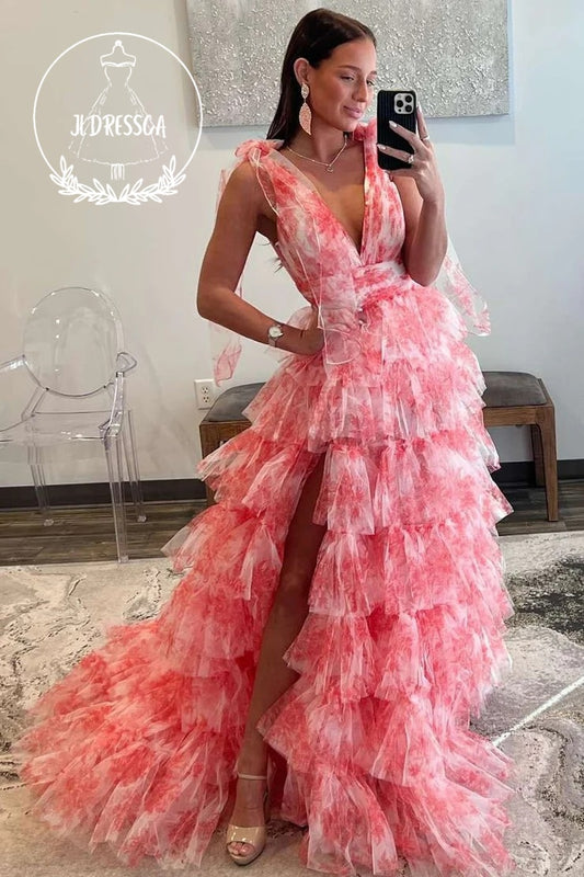 Red V-Neck Tie Straps Floral Print Layered Long Prom Dress, PD25854