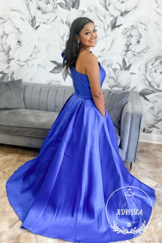 Royal Blue One Shoulder Satin Prom Dress with Pockets and Bow Tie, PD25874