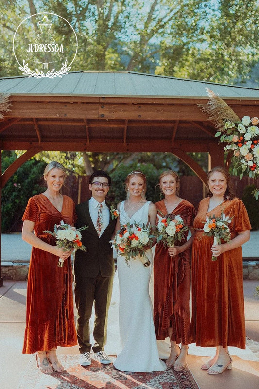 Rust Red Sheath V Neck Elegant Velvet Long Bridesmaid Dresses, BD25054
