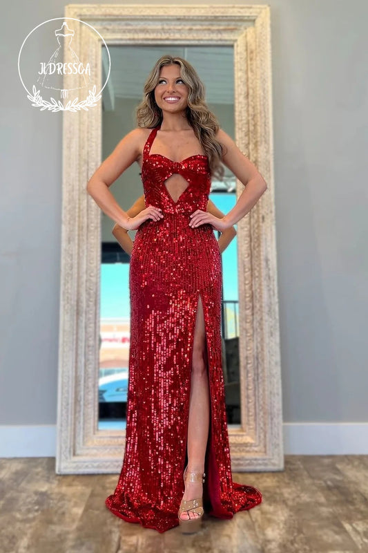 Dark Red Sweetheart Mermaid Sequins Long Prom Dress with Slit, PD25864