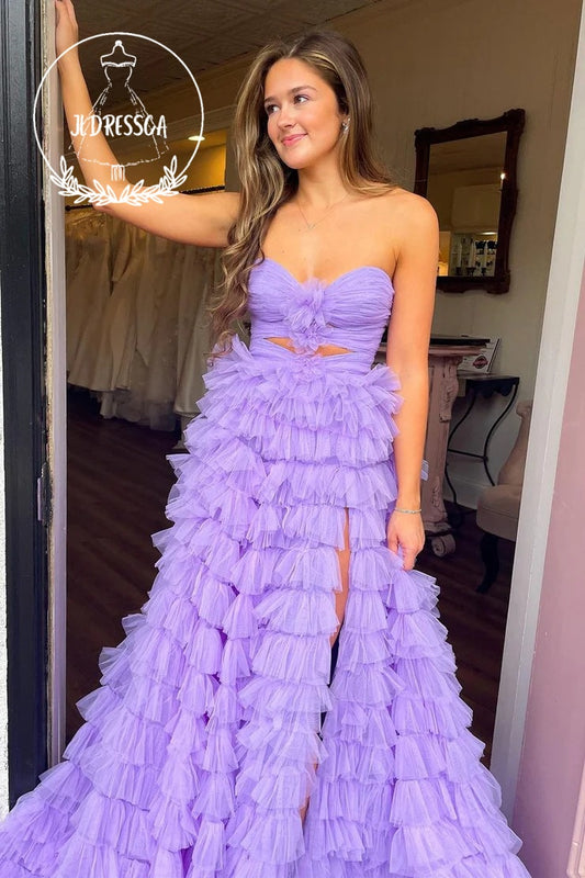 Lavender Sweetheart Tiered Tulle A - Line Long Prom Dress, PD25924