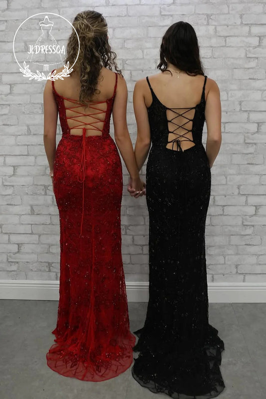 Red Mermaid V Neck Sequin Lace Long Prom Dress with Slit, PD25884