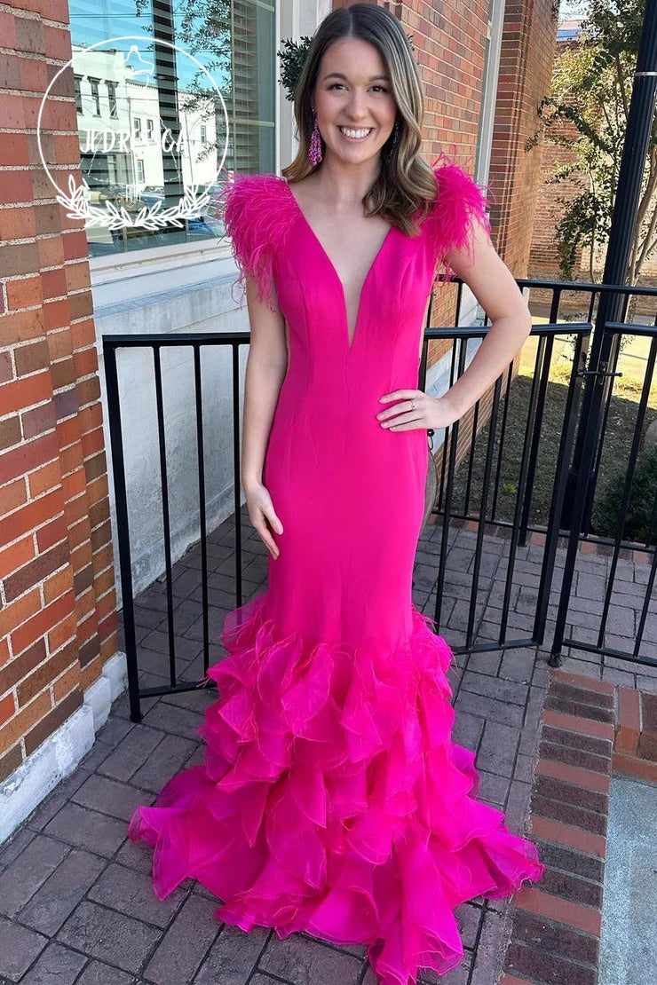 Hot Pink Plunge V Multi - Layer Feather Ruffle Long Prom Dress, PD2587 JLDressCA Hot Pink Plunge V Multi - Layer Feather Ruffle Long Prom Dress, PD2587 JLDressCA