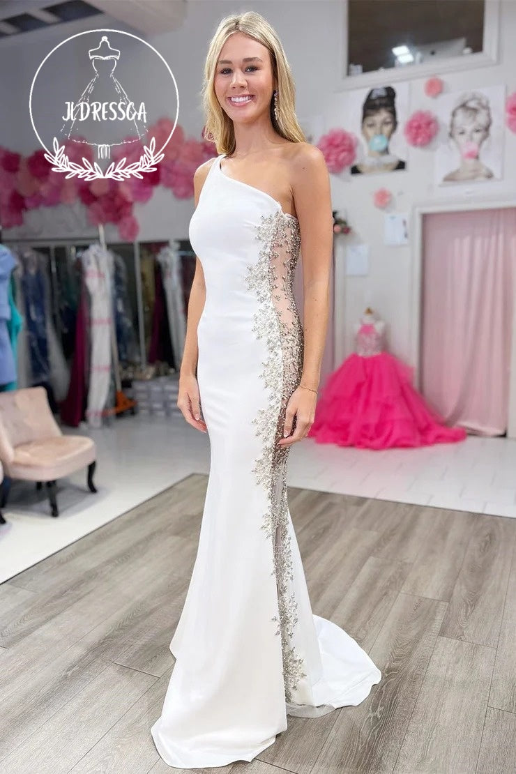 One-Shoulder Long White Formal Mermaid Dress in Sheer Mesh with Beadin –  JLDressCA