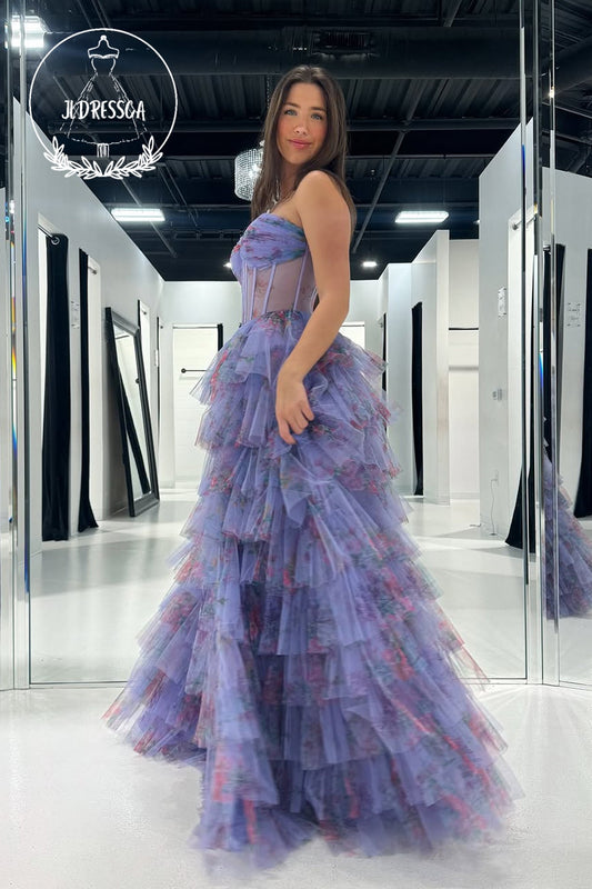 Floral Printed Sweetheart A-Line Ruffle Tiered Long Prom Dress with Slit, PD25825