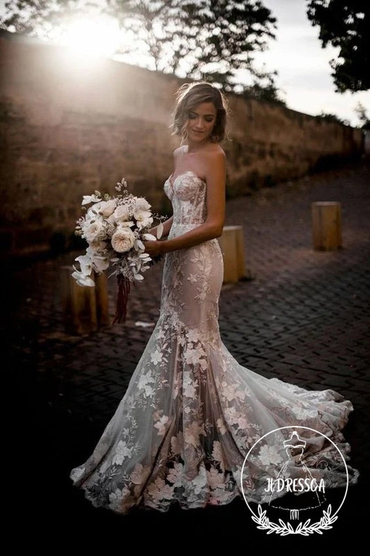 Romantic Long Mermaid Lace Wedding Dresses with Sweetheart Neckline, WD25006