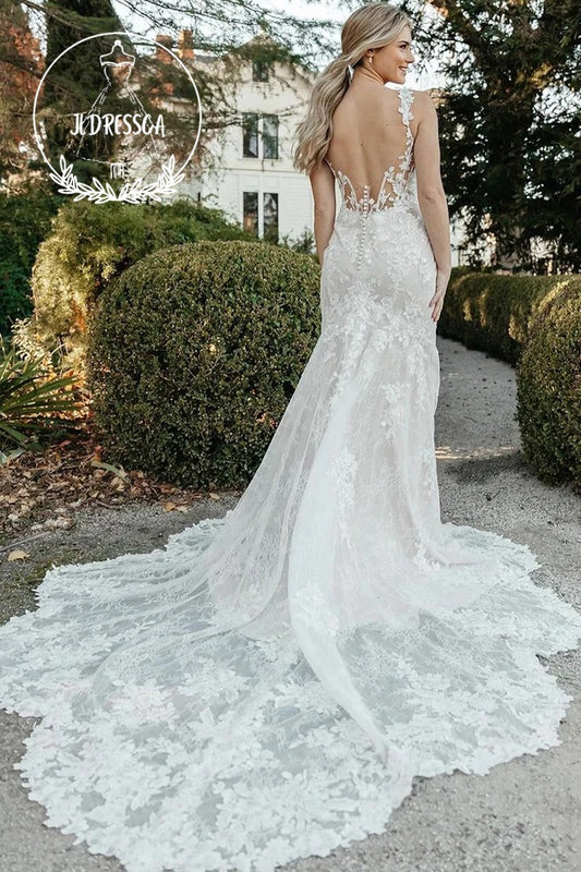 Dazzling Long Mermaid Lace Wedding Dresses with Square Neck and Slit, WD25015