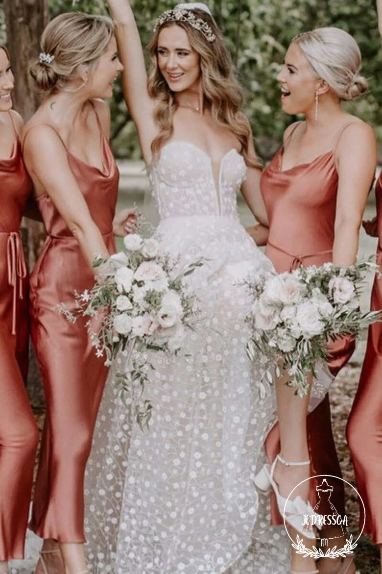 Bohemian Sheath Straps Rust Red Silk Satin Tea Lenght Bridesmaid Dress –  JLDressCA