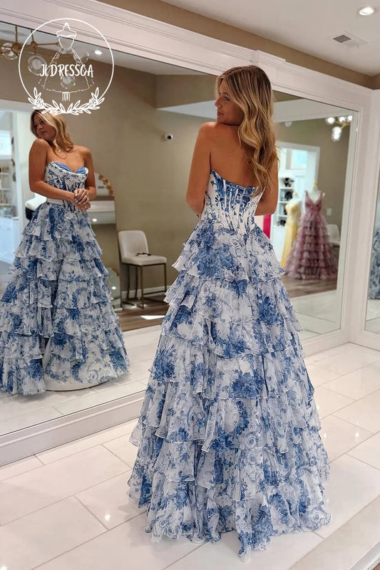 Blue Strapless A - Line Princess Floral Printed Chiffon Long Prom Dress with Slit, PD25845