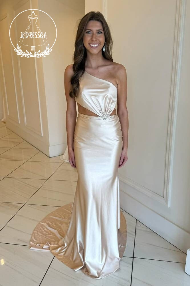 Champagne One-Shoulder Mermaid Satin Long Prom Dress Champagne / 14 Champagne One-Shoulder Mermaid Satin Long Prom Dress Champagne / 14