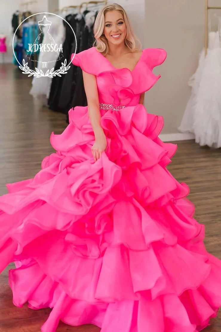 Hot Pink Long Multi-Layer A-Line Prom Dress with Ruffles, PD25966 JLDressCA Hot Pink Long Multi-Layer A-Line Prom Dress with Ruffles, PD25966 JLDressCA