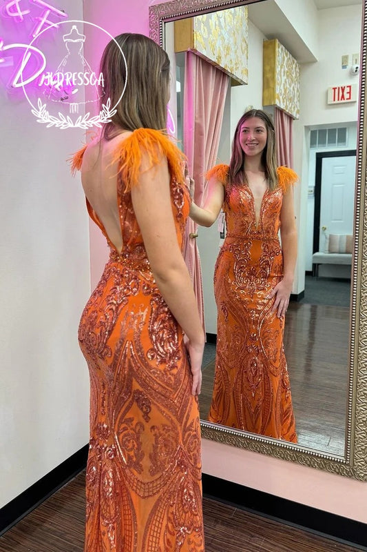 Orange Long Mermaid Prom Dresses with Sequin Lace, V Neck and Feather, PD25956