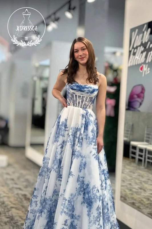 Blue Scoop Neck A-Line Floral Printed Long Prom Dress, PD25846