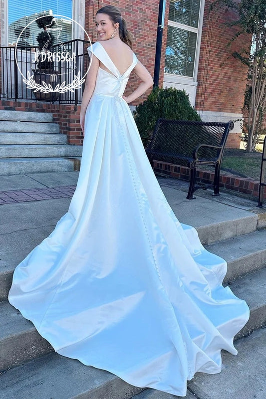 White A-Line Long Wedding Dress with V Neck and High-Waist, WD25036