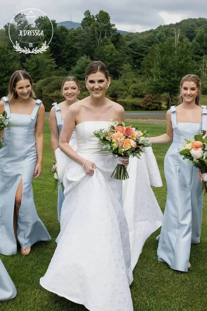 Light Blue Sheath Square Neck Fairy Satin Bridesmaid Dresses with Bow –  JLDressCA