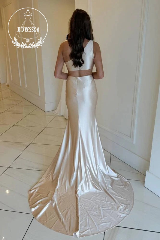 Champagne Elegant One-Shoulder Mermaid Silk Satin Bridesmaid Dresses, BD25056