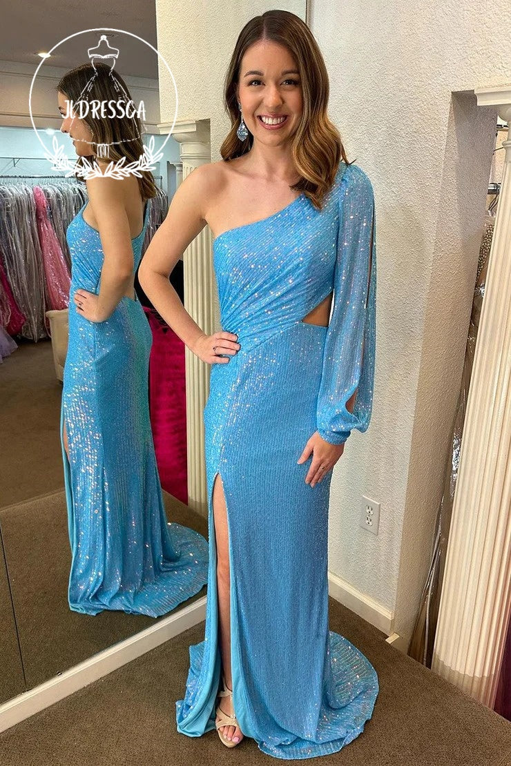 strapless open back dress Blue One Shoulder Sequin Cutout Sheath Long Prom Dress, PD25927 – JLDressCA