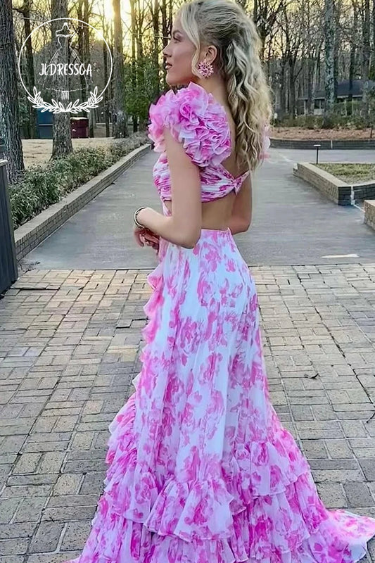 Pink V Neck A-Line Floral Printed Long Prom Dress with Ruffle Slit, PD25847
