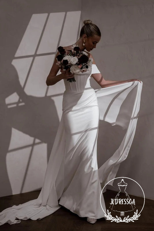 Elegant Long Mermaid Off the Shoulder Elastic Satin Wedding Dresses, WD25004