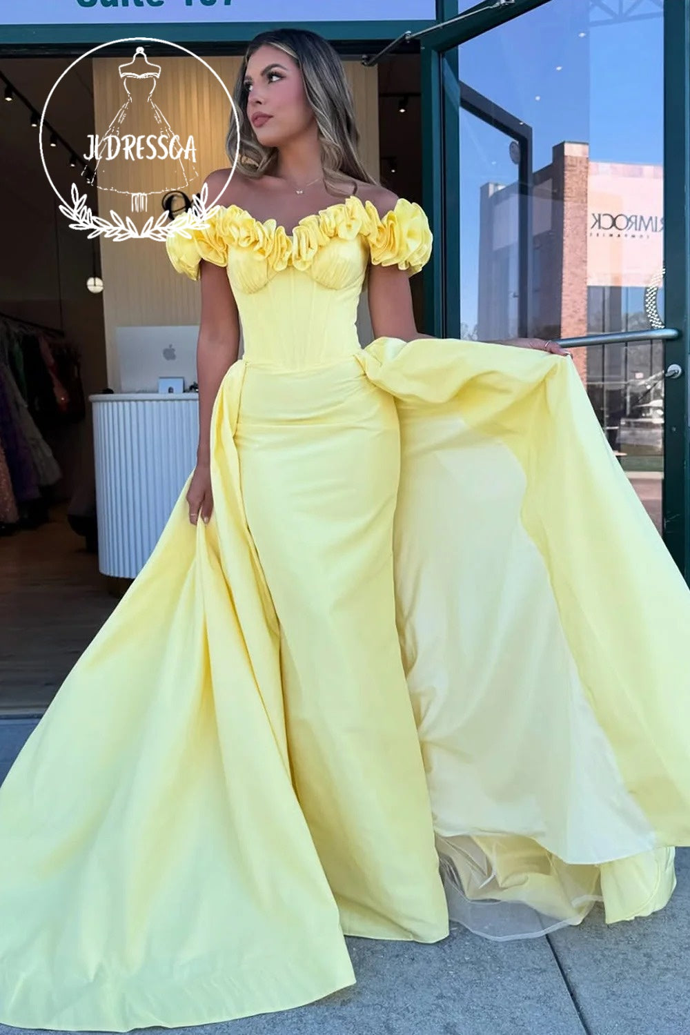 yellow satin prom dress Mermaid Long Off the Shoulder Yellow Satin Prom Dresses, PD25937 – JLDressCA