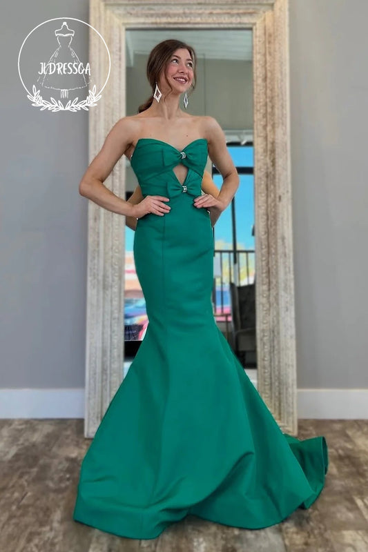 Green Strapless Mermaid Satin Keyhole Long Prom Dress, PD25867
