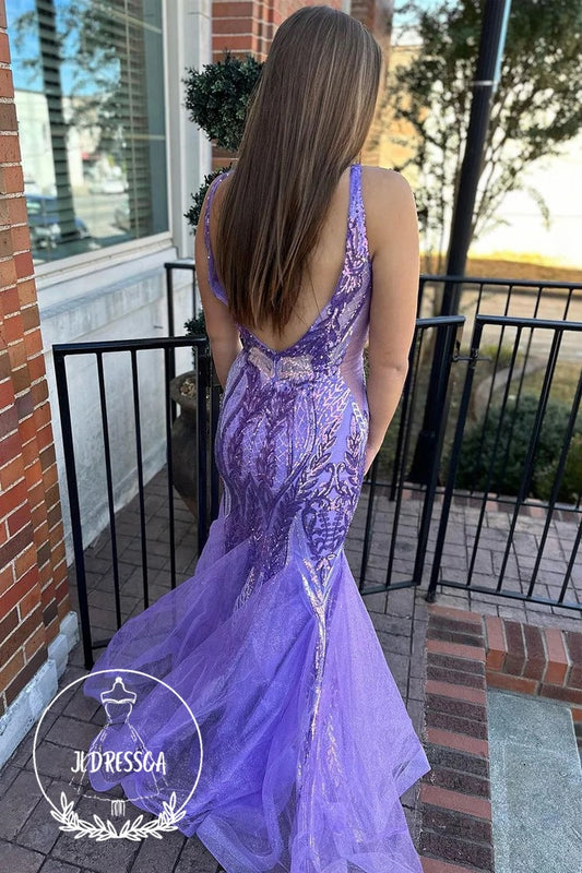 Purple Long Mermaid Prom Dresses Featuring Sequin Lace and V - Neck, PD25957