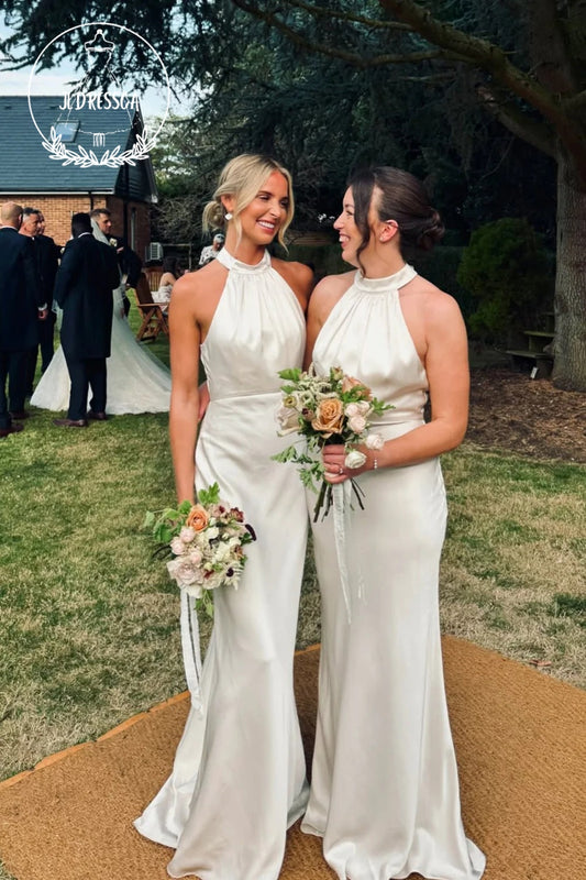 Sheath Mermaid Chic Halter Silk Satin Bridesmaid Dresses, BD25018