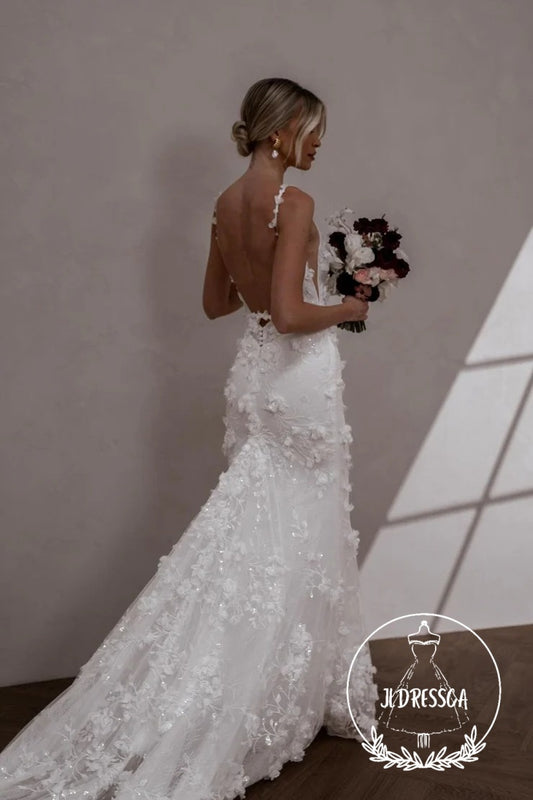 Fairy Long Mermaid Lace Wedding Dresses with Square Neck and 3D Appliques, WD25003