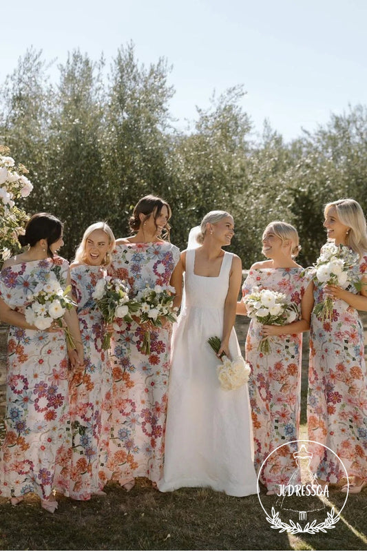 Printed Flower Sheath Long Bridesmaid Dresses, BD25058