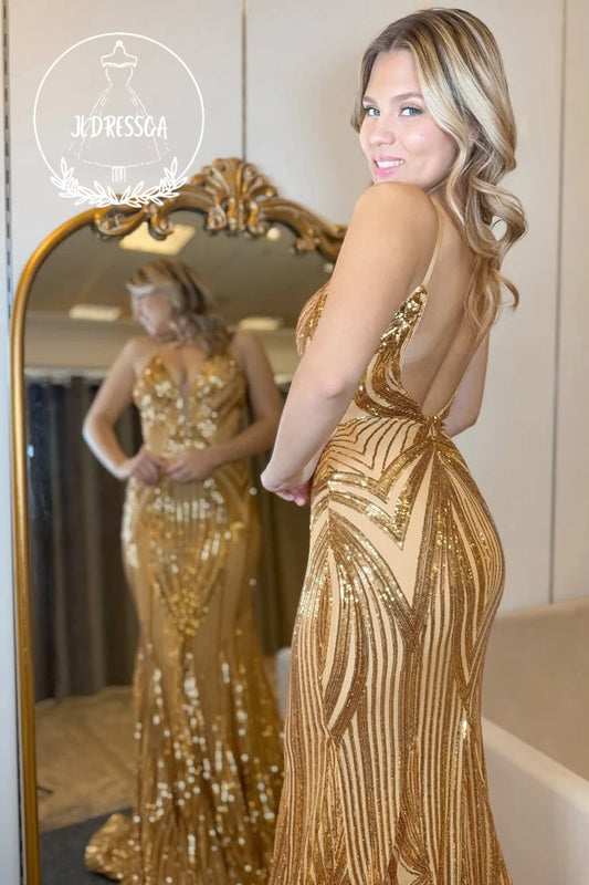 Gold Spaghetti Straps Mermaid Sequins Long Prom Dress, PD25898