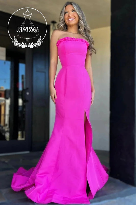 Magenta Strapless Ruffle Mermaid Long Prom Dress with Slit, PD25858